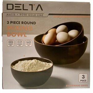 Delta Stoneware Mixing Bowl 3 Piece Set Round Matte Black Rose Gold Trim New
